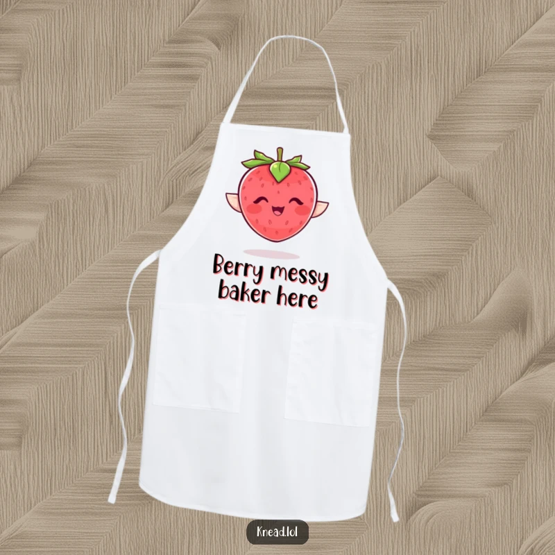 Funny strawberry apron with a plump, giggling character flapping joyfully, a humorous and practical kitchen accessory.