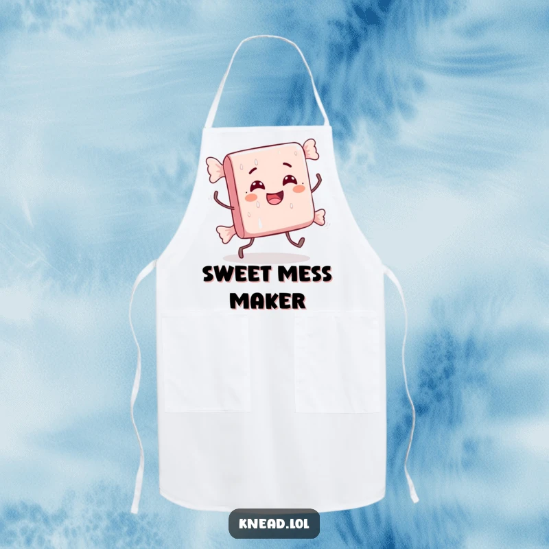 Funny apron with a delighted candy bar chef character doing a comically awkward stumble with tiny legs, perfect for humorous cooking.
