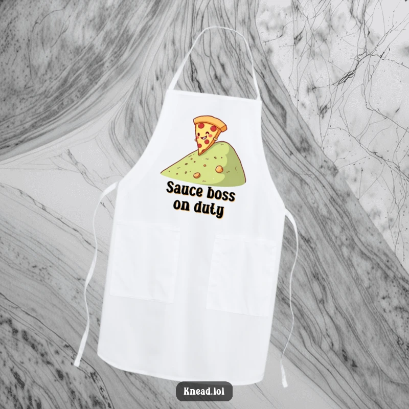 Funny Pizza Slice Apron featuring a giggling pizza slice character rolling down a hill, a humorous and practical accessory for any pizza lover.