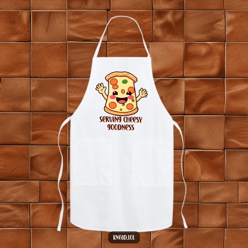 Funny apron with a smiling pizza slice chef character waving hello energetically, perfect for a humorous cooking experience.