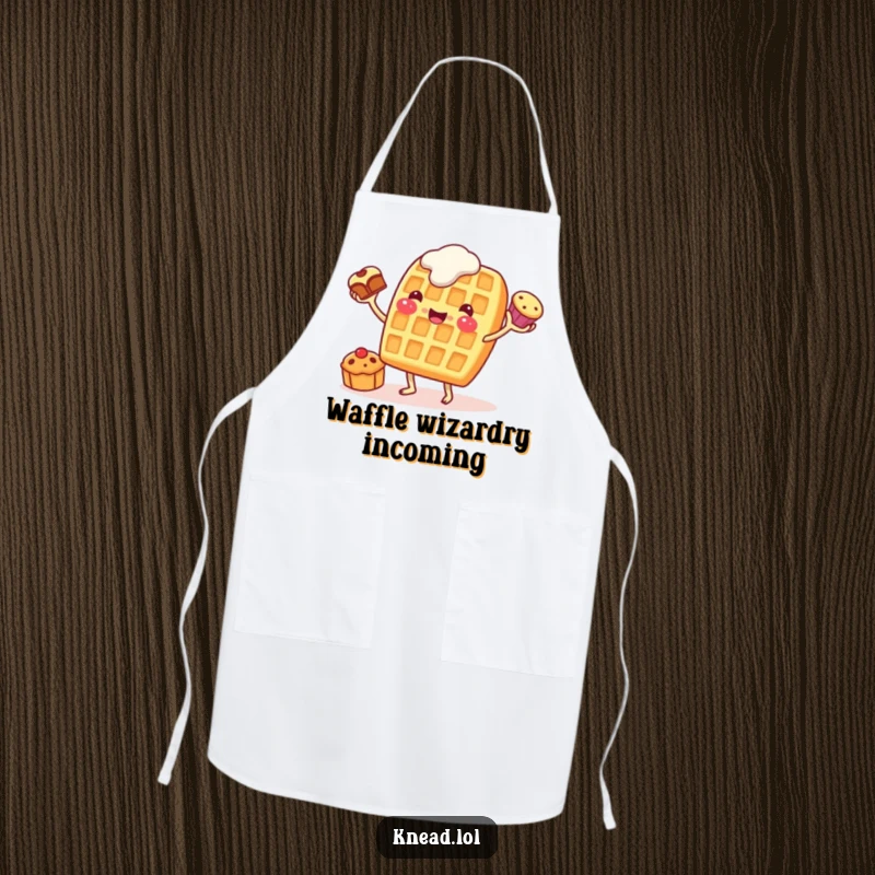 Funny Waffle Juggling Apron showing a cheerful waffle character eagerly juggling tiny pastries, ready for kitchen fun with humor.