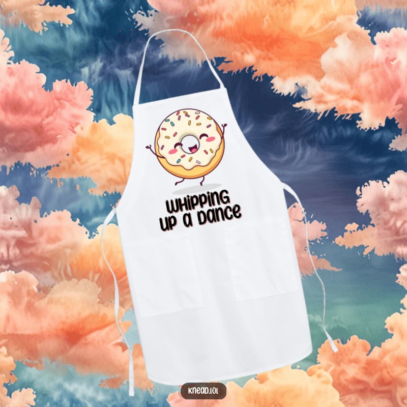 Funny Happy Donut Apron featuring a donut character with sprinkles dancing, a humorous and practical accessory for any baker.