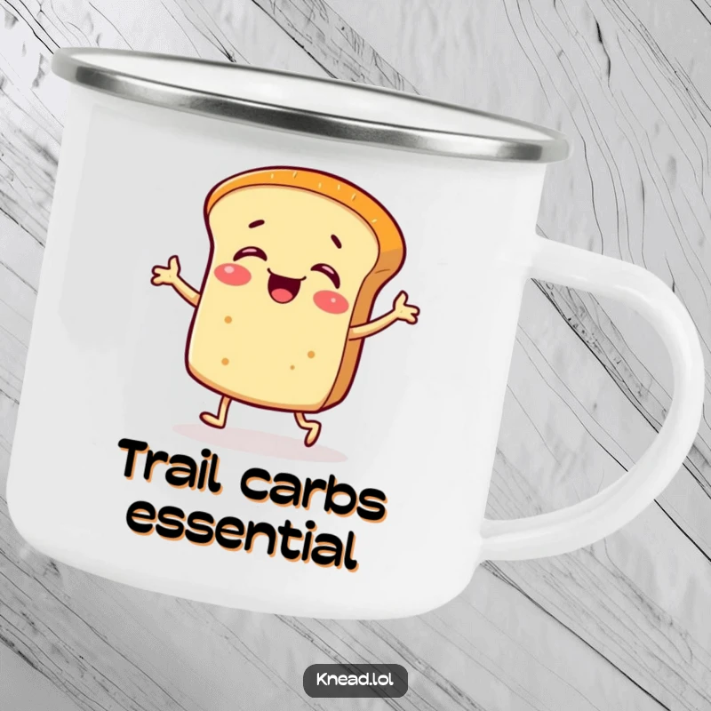 Funny camping mug depicting a giggling bread roll with tiny legs doing a silly jig, ready for outdoor fun.