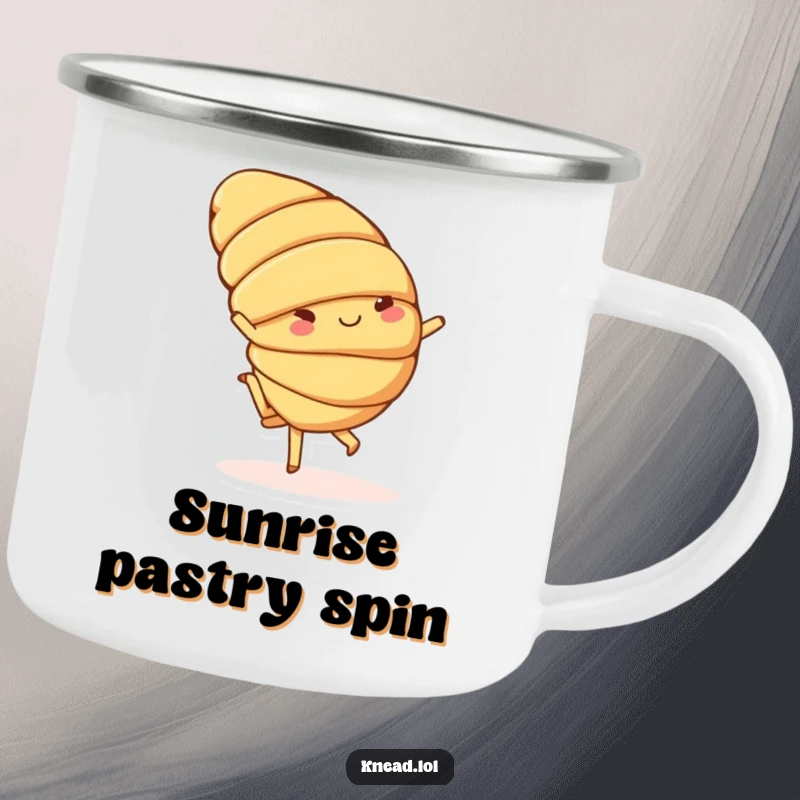 Funny camping mug depicting a cheerful croissant with small feet doing a playful cartwheel, ready for outdoor fun.