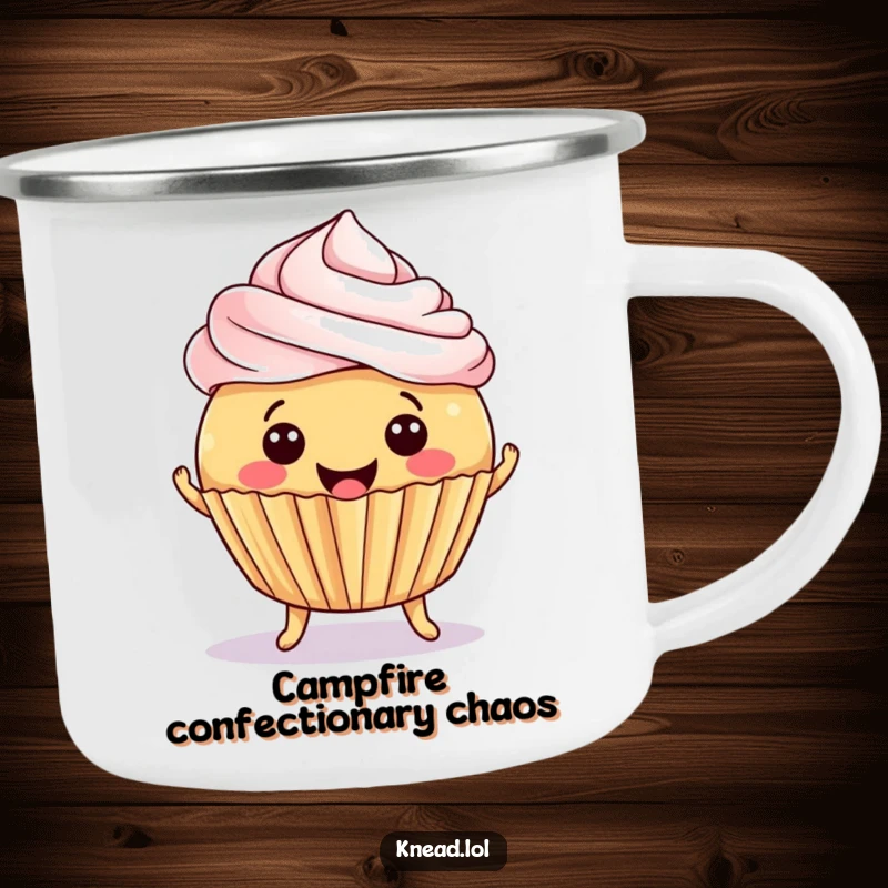 Funny Cupcake Jiggle Camping Mug with a smiling, round cupcake jiggling with delight, perfect for enjoying treats on the go.