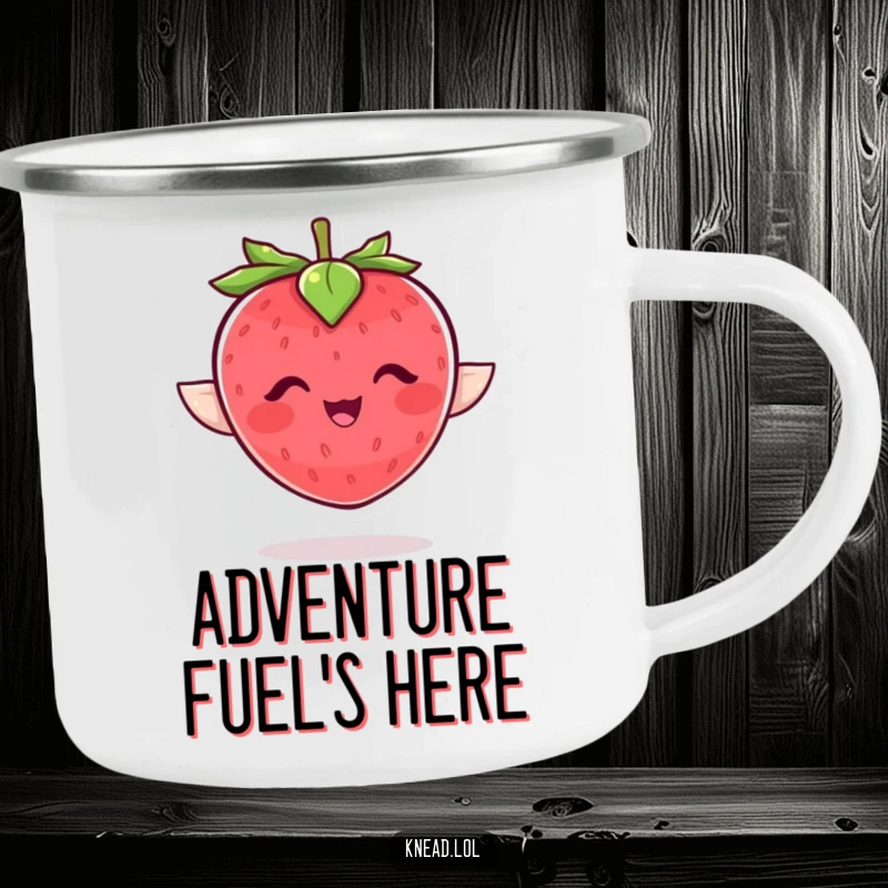 Funny strawberry camping mug with a plump, giggling character flapping joyfully, a rugged and humorous beverage holder.