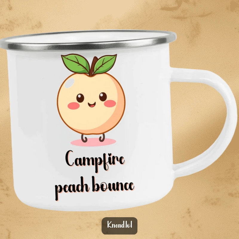 Funny Peach Bounce Camping Mug with a round, happy peach bouncing, perfect for enjoying drinks on the go.