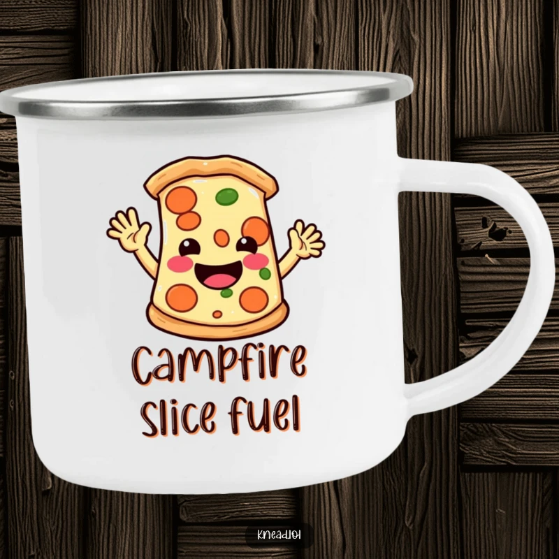 Funny camping mug depicting a smiling pizza slice with small arms waving hello energetically, ready for outdoor fun.
