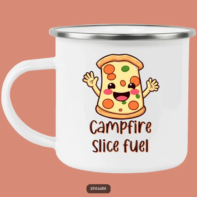 Funny Pizza Slice Camping Mug: Waving Character, Outdoor Fun Gift