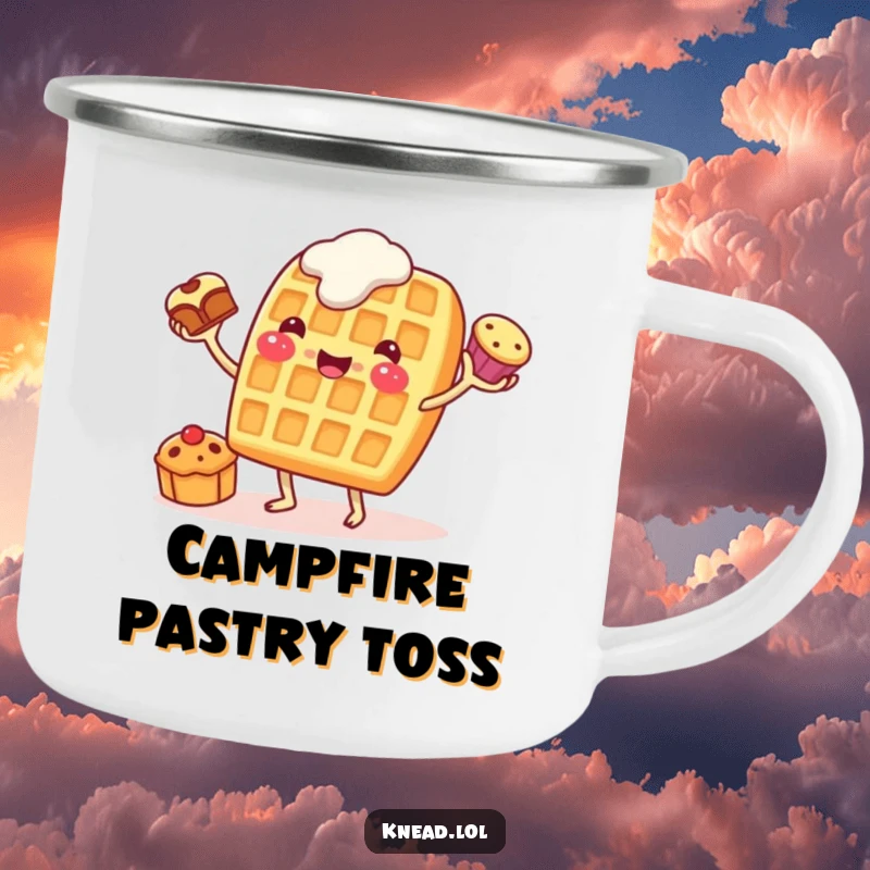 Funny Waffle Juggling Camping Mug with a cheerful waffle character eagerly juggling pastries, perfect for enjoying drinks on the go.