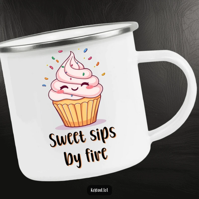 Funny Winking Cupcake Camping Mug featuring a cupcake character winking and juggling sprinkles, ideal for humorous outdoor coffee breaks.