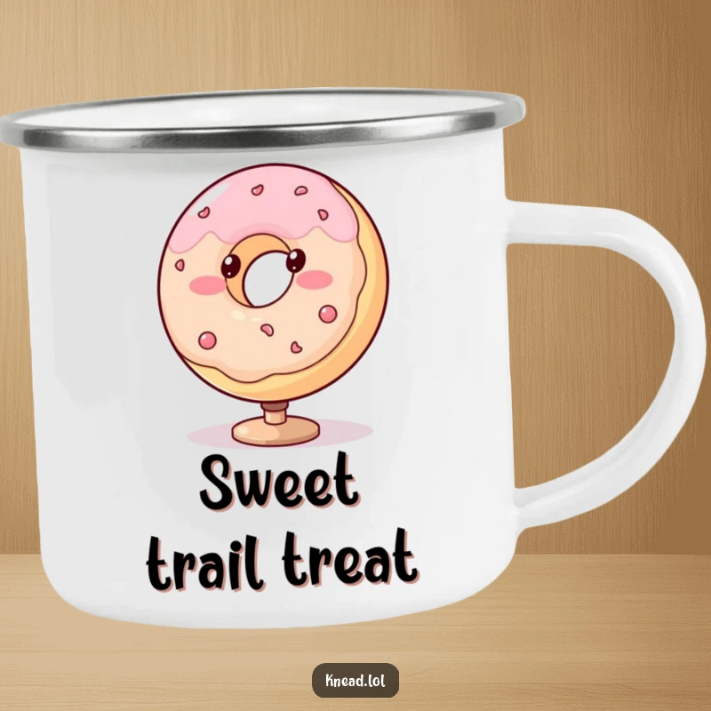 Funny donut camping mug with a blushing, plump character spinning with dotted eyes, a rugged and humorous beverage holder.