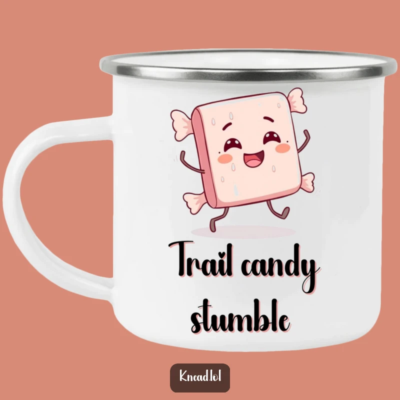 Funny Candy Bar Camping Mug: Stumbling Character, Outdoor Fun Gift