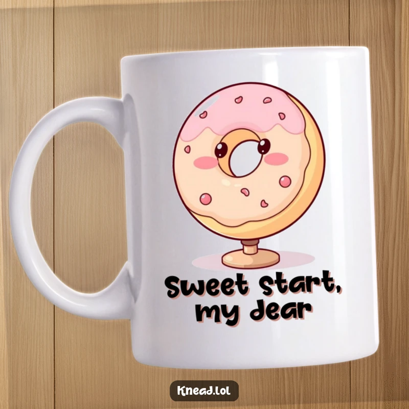 Funny donut mug with a blushing, plump character spinning with dotted eyes, a delightful and humorous design.