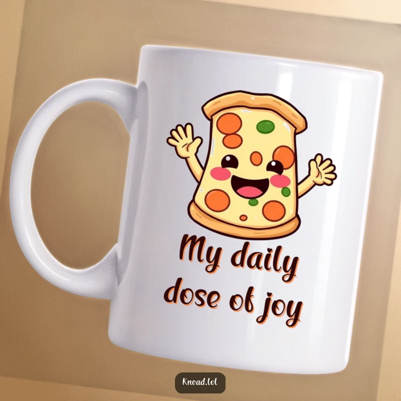 Funny mug featuring a happy pizza slice character with small arms waving hello energetically, radiating pure joy and deliciousness.