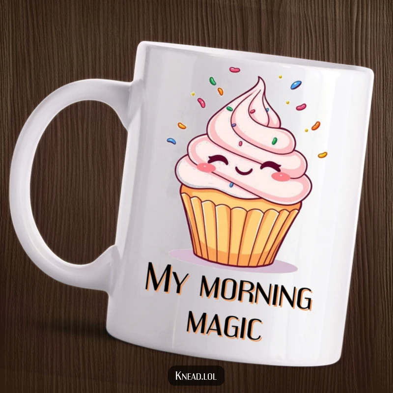 Funny Winking Cupcake Mug featuring a delightful cupcake character with a swirl of frosting winking and juggling colorful sprinkles.