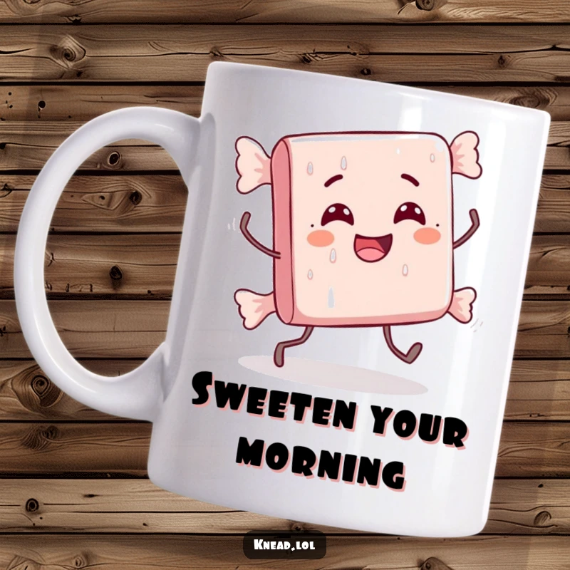 Funny mug showcasing a delighted candy bar character with tiny legs doing a comically awkward stumble, radiating sugary fun.