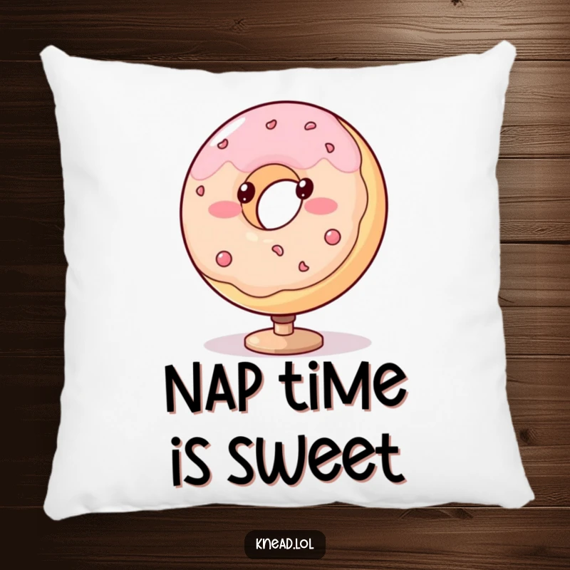 Funny donut pillow with a blushing, plump character spinning with dotted eyes, a soft and humorous decorative item.