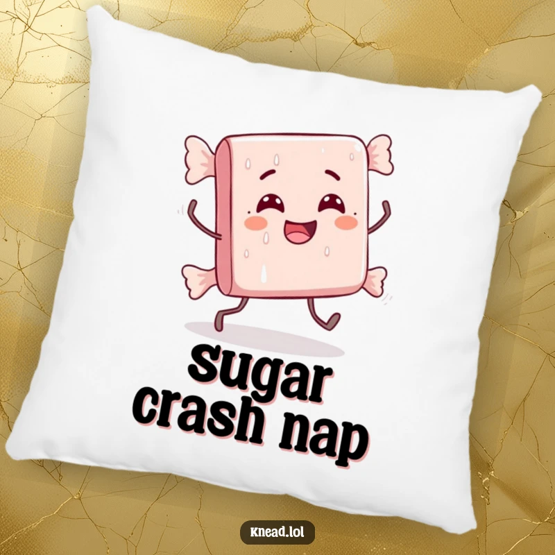 Funny pillow featuring a cute delighted candy bar character with tiny legs doing a comically awkward stumble, perfect for comfort and laughs.