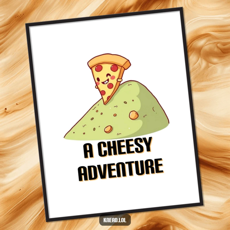 Funny Pizza Slice Digital Art Print of a giggling pizza slice character joyfully rolling down a hill, capturing pizza fun and playfulness.