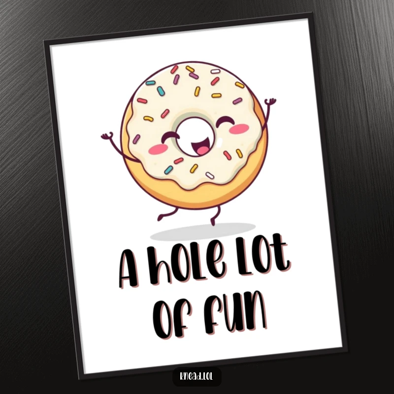 Funny Happy Donut Digital Art Print of a donut character with sprinkles doing a silly dance, capturing sweet fun and playfulness.