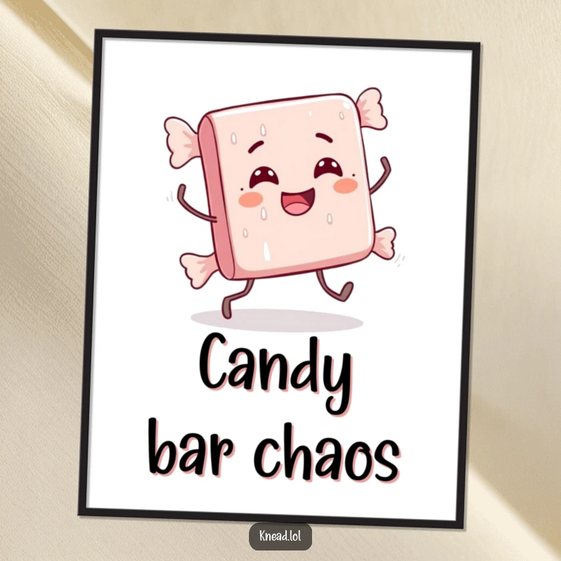 Funny digital art print of a delighted candy bar with tiny legs doing a comically awkward stumble, radiating sweet fun.