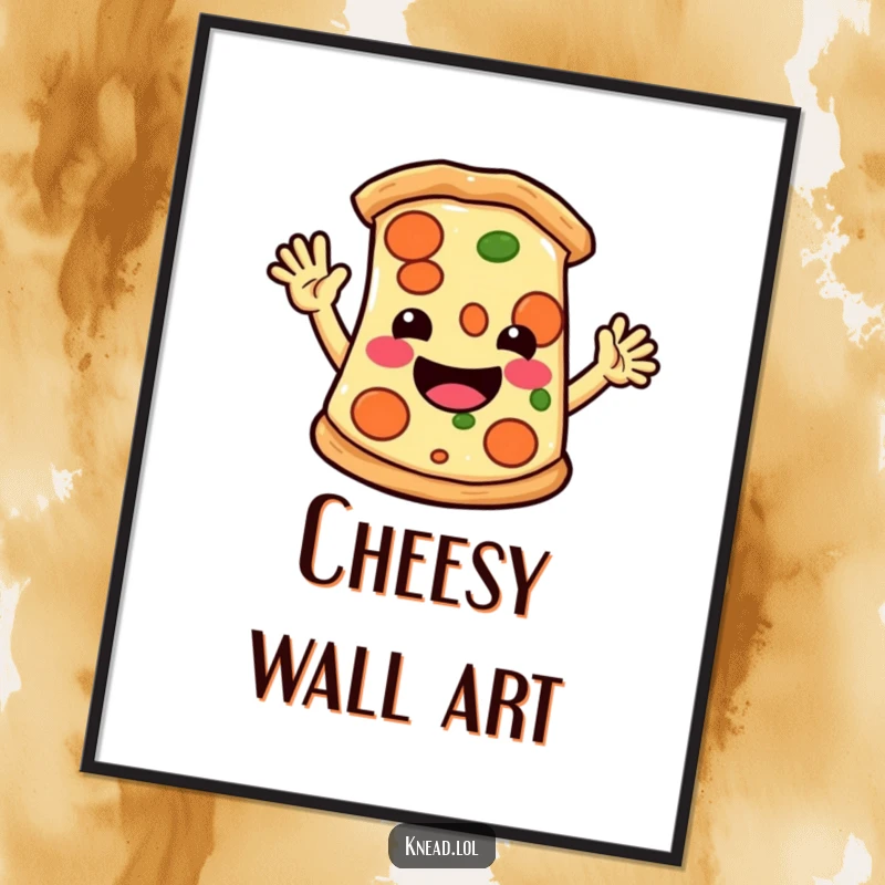 Funny digital art print of a smiling pizza slice with little arms waving hello energetically, radiating fun and deliciousness.