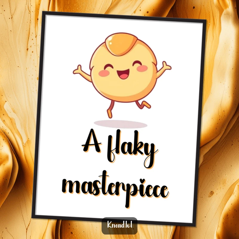 Funny Croissant Digital Art Print of a smiling, round croissant with tiny legs joyfully leaping, capturing pure pastry happiness.