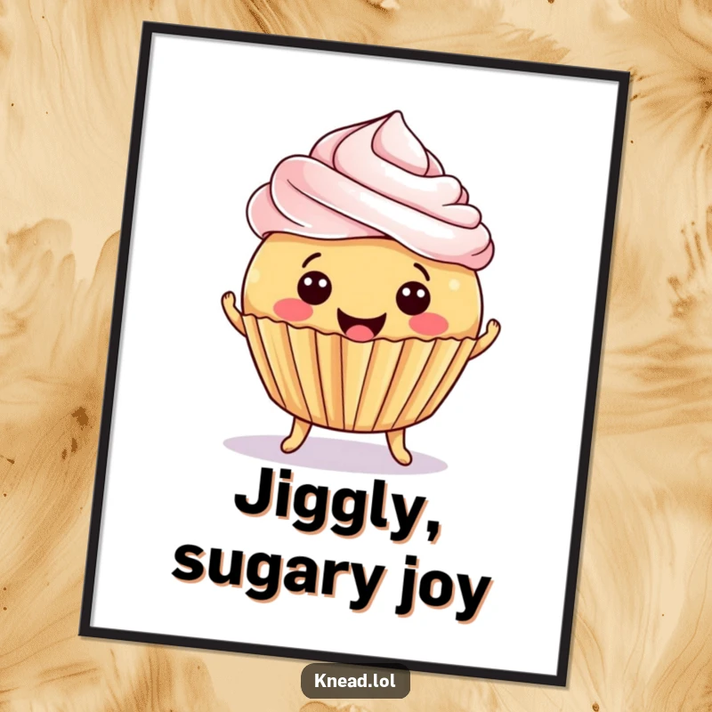 Funny Cupcake Jiggle Digital Art Print showing a smiling, round cupcake jiggling with delight, frosting tipped precariously, for instant sweet humor.