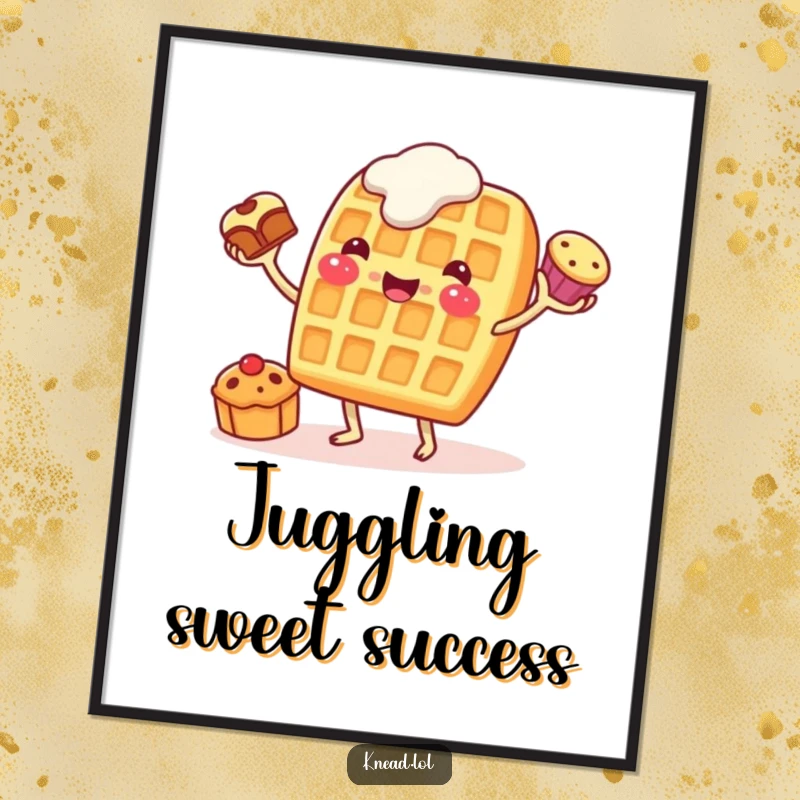 Funny Waffle Juggling Digital Art Print showing a cheerful waffle character eagerly juggling pastries, for instant breakfast visual humor.
