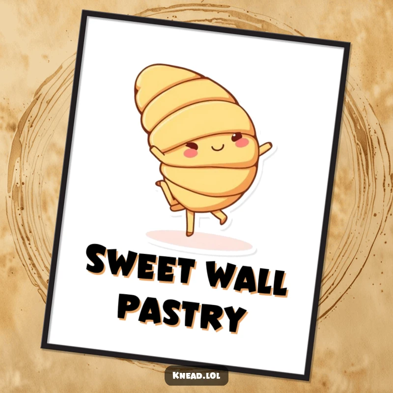 Funny digital art print of a cheerful croissant with small feet doing a playful cartwheel, radiating pastry fun.