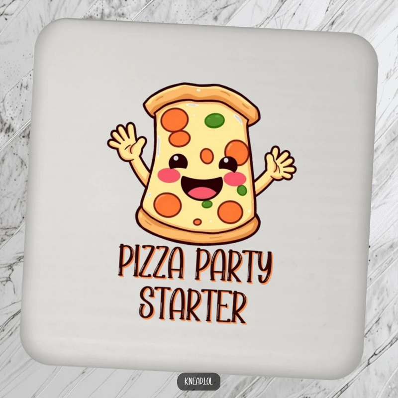 Funny coaster with a cheerful pizza slice character waving hello energetically, protecting surfaces with humor.
