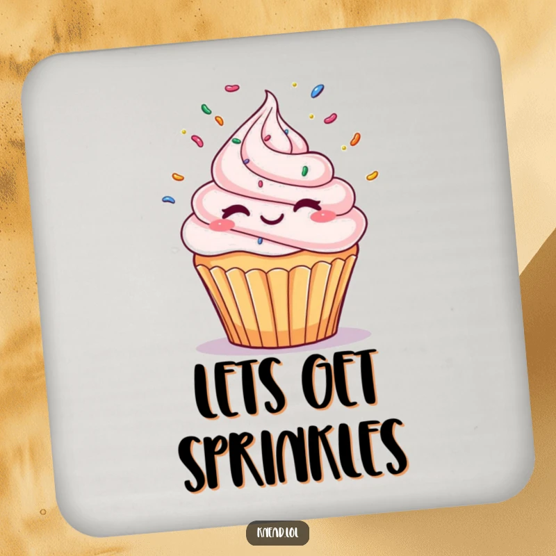 Funny Winking Cupcake Drink Coaster featuring a cupcake character winking and juggling sprinkles, providing humorous surface protection with dessert delight.