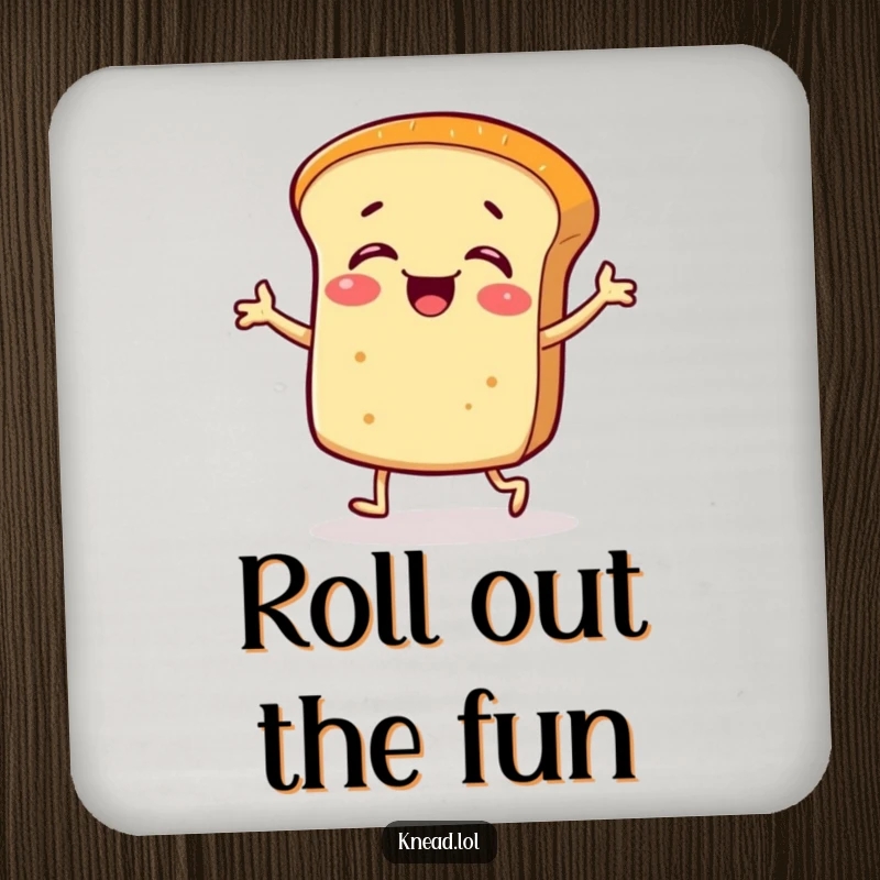 Funny coaster with a giggling bread roll character doing a silly jig with tiny legs, protecting surfaces with humor.