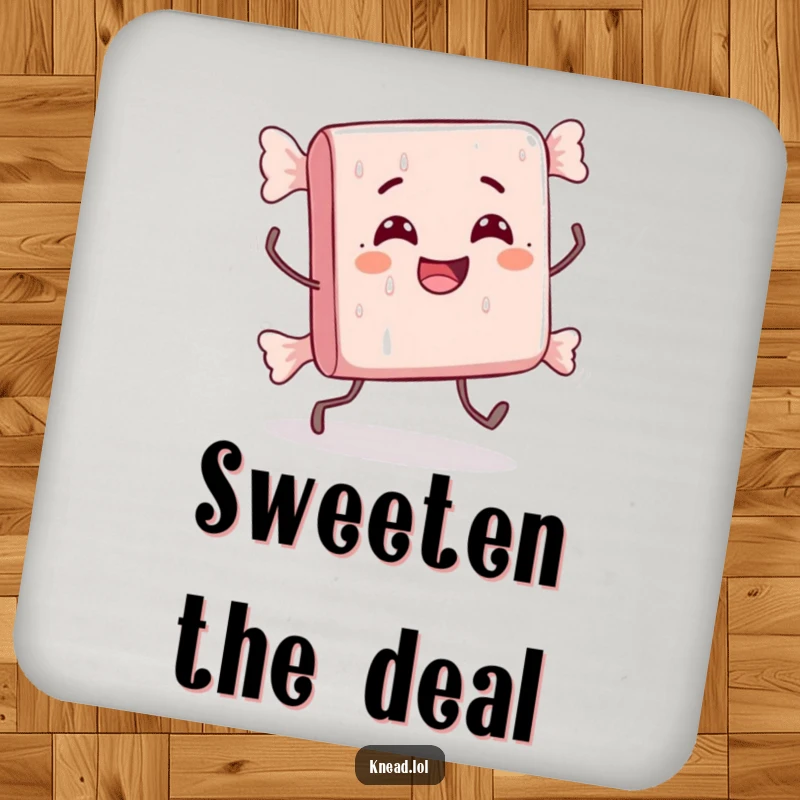 Funny coaster with a delighted candy bar character doing a comically awkward stumble with tiny legs, protecting surfaces with humor.