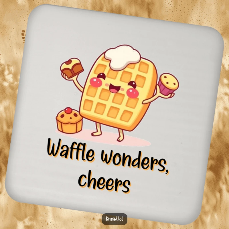 Funny Waffle Juggling Coaster featuring a cheerful waffle character eagerly juggling pastries, adding breakfast humor to surface protection.