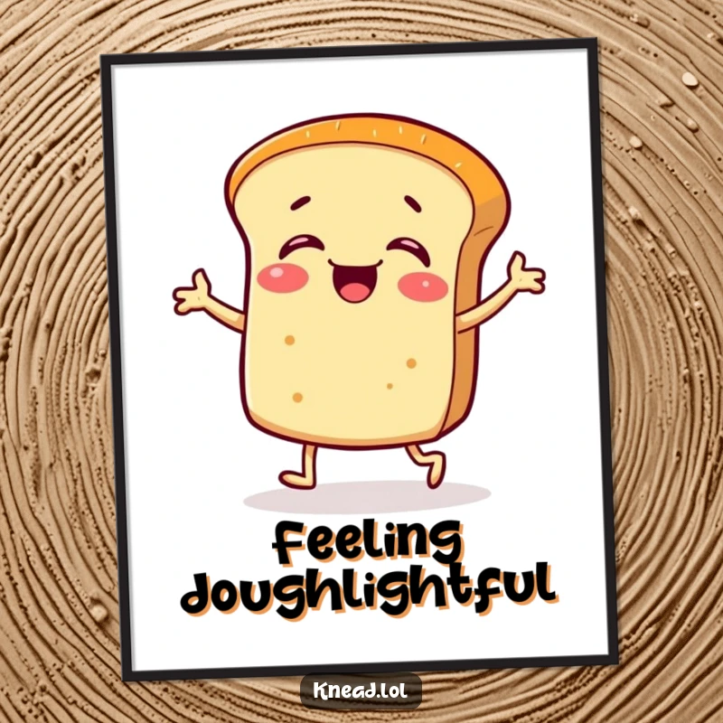Funny poster art of a giggling bread roll with tiny legs performing a silly jig, adding humor to any space.