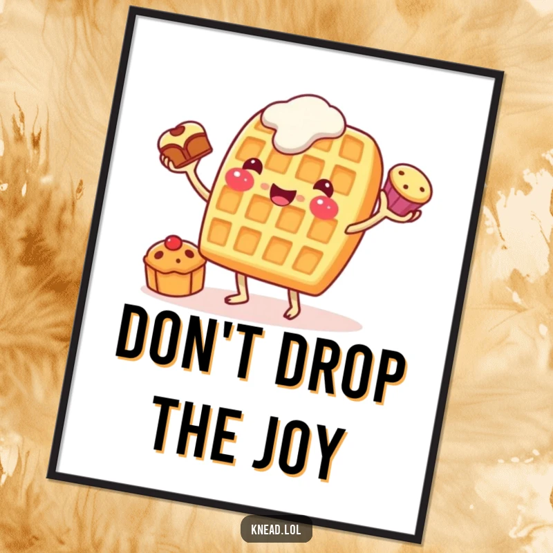 Funny Waffle Juggling Poster depicting a cheerful waffle character eagerly juggling pastries, adding whimsical breakfast visual humor.