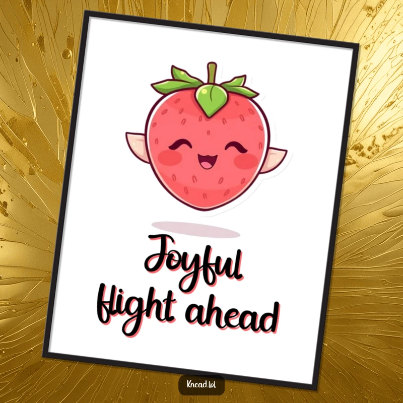 Funny strawberry poster featuring a plump, giggling character with winged leaves flapping joyfully, a cheerful wall decoration.