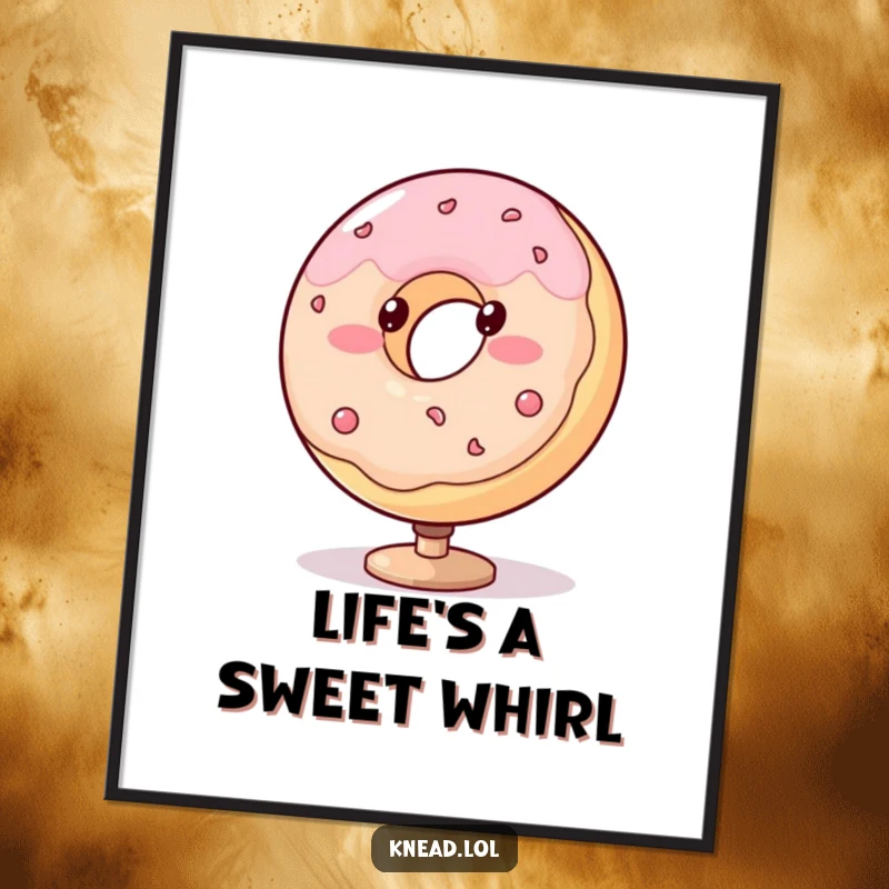 Funny donut poster featuring a blushing, plump character spinning with dotted eyes, a cheerful and humorous wall art.