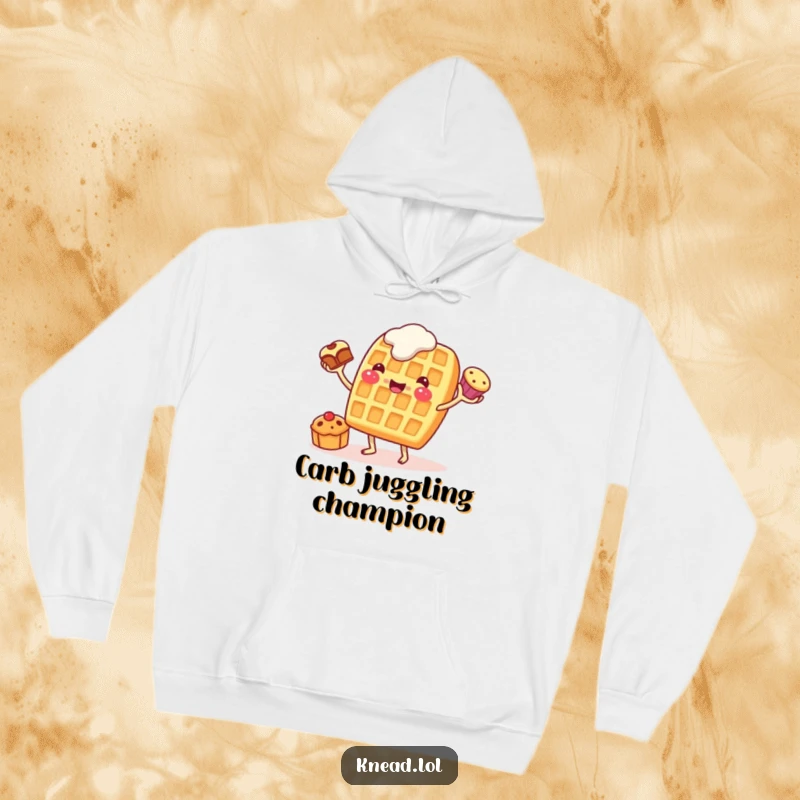 Funny Waffle Juggling Hoodie featuring a cheerful waffle character juggling pastries, offering warm and humorous breakfast comfort.