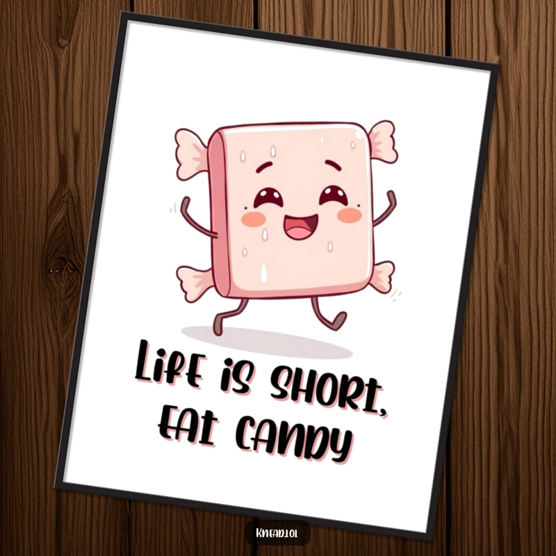 Funny Free Printable Wall Art of a delighted candy bar character comically stumbling with tiny legs, perfect for a playful room.