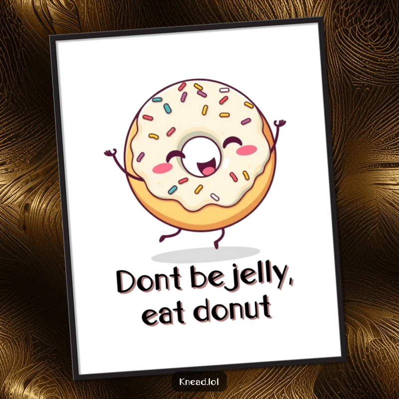 Funny Free Printable wall art of a happy donut covered in sprinkles, dancing with pure joy, a vibrant downloadable piece.