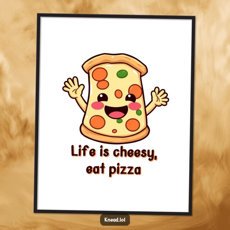 Funny Free Printable Wall Art of a smiling pizza slice energetically waving hello, perfect for a cheerful kitchen or dining area.