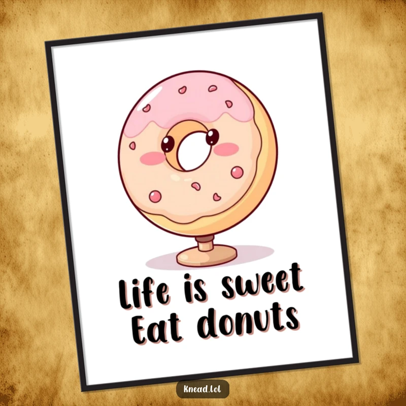 Funny Free Printable Wall Art: A blushing, plump donut with dots for eyes spins on a small stand, adding sweet charm.