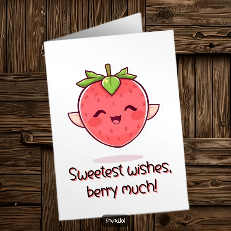Funny Free Printable Birthday Card: A plump, giggling strawberry with leaf wings joyfully flaps, ready for a birthday wish.