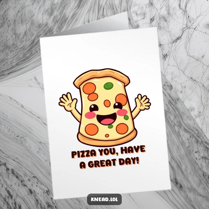 Funny Free Printable Birthday Card featuring a smiling pizza character enthusiastically waving hello with tiny arms.