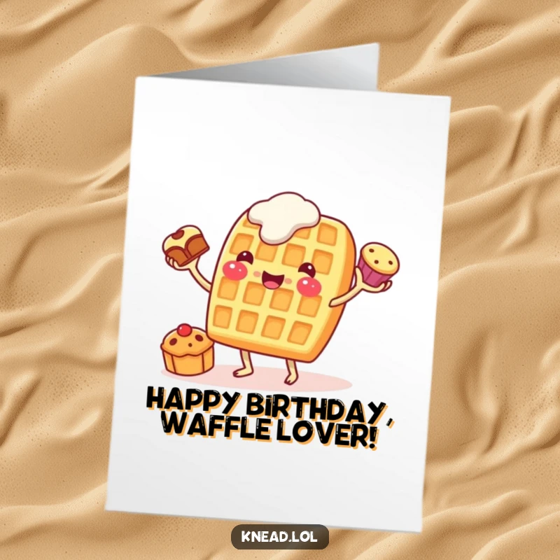 Funny Free Printable Birthday Card: Cheerful waffle with stubby legs, juggling pastries, wishing a happy birthday.