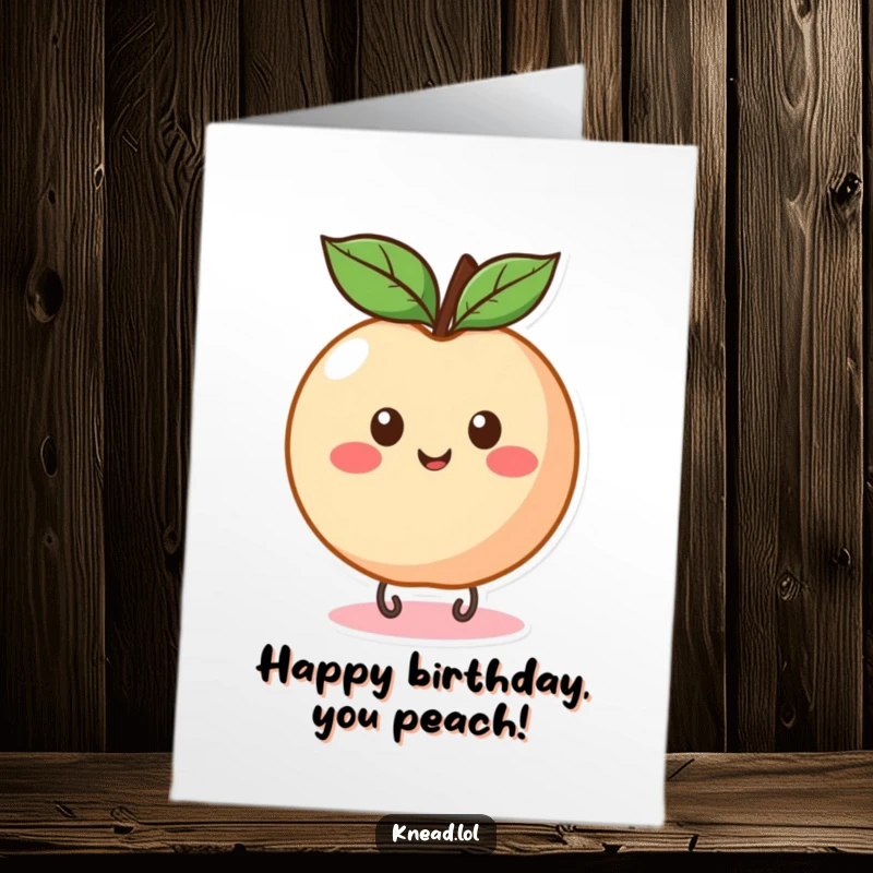 Funny Free Printable Birthday Card: Round, happy peach with eye spots, bouncing energetically on a spring.