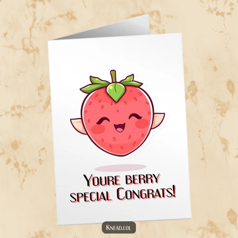 Funny Free Printable Congrats Card: A plump, giggling strawberry with leaf wings flaps joyfully, celebrating your success.